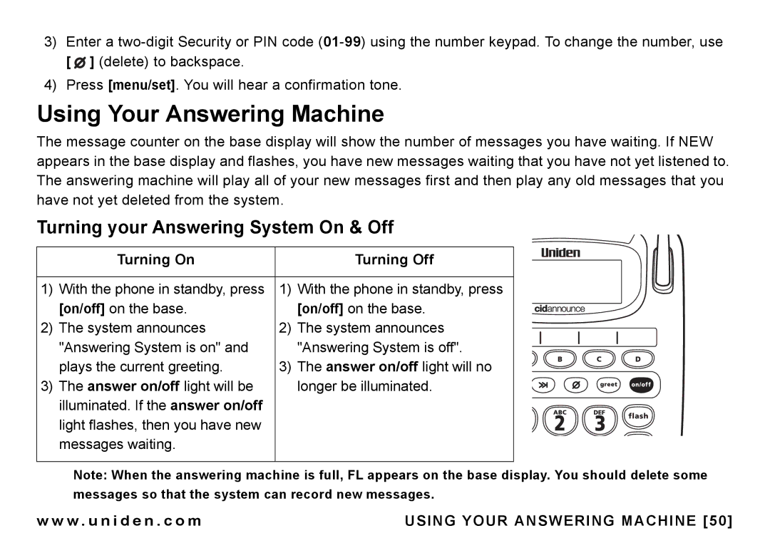 Uniden CEZAI998 manual Using Your Answering Machine, Turning your Answering System On & Off, Turning On Turning Off 