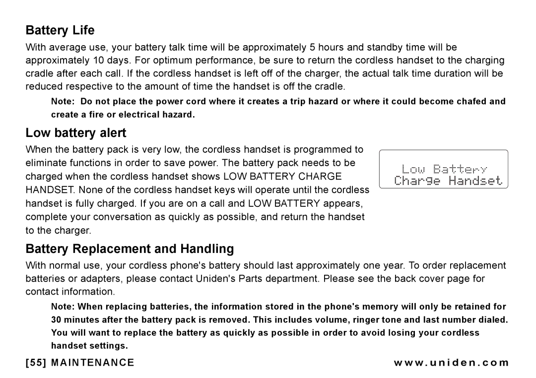 Uniden CEZAI998 manual Battery Life, Low battery alert, Battery Replacement and Handling 