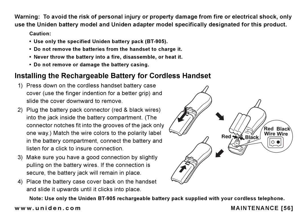 Uniden CEZAI998 manual Installing the Rechargeable Battery for Cordless Handset 