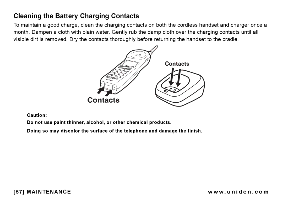 Uniden CEZAI998 manual Cleaning the Battery Charging Contacts 