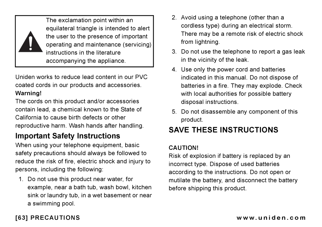 Uniden CEZAI998 manual Important Safety Instructions 