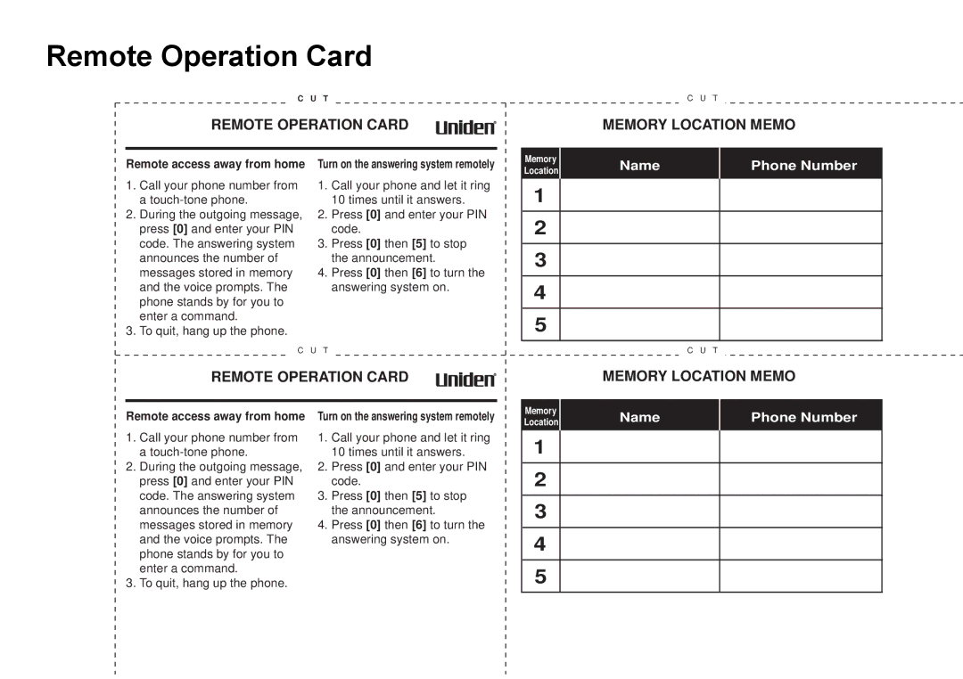 Uniden CEZAI998 manual Remote Operation Card, Memory Location Memo 