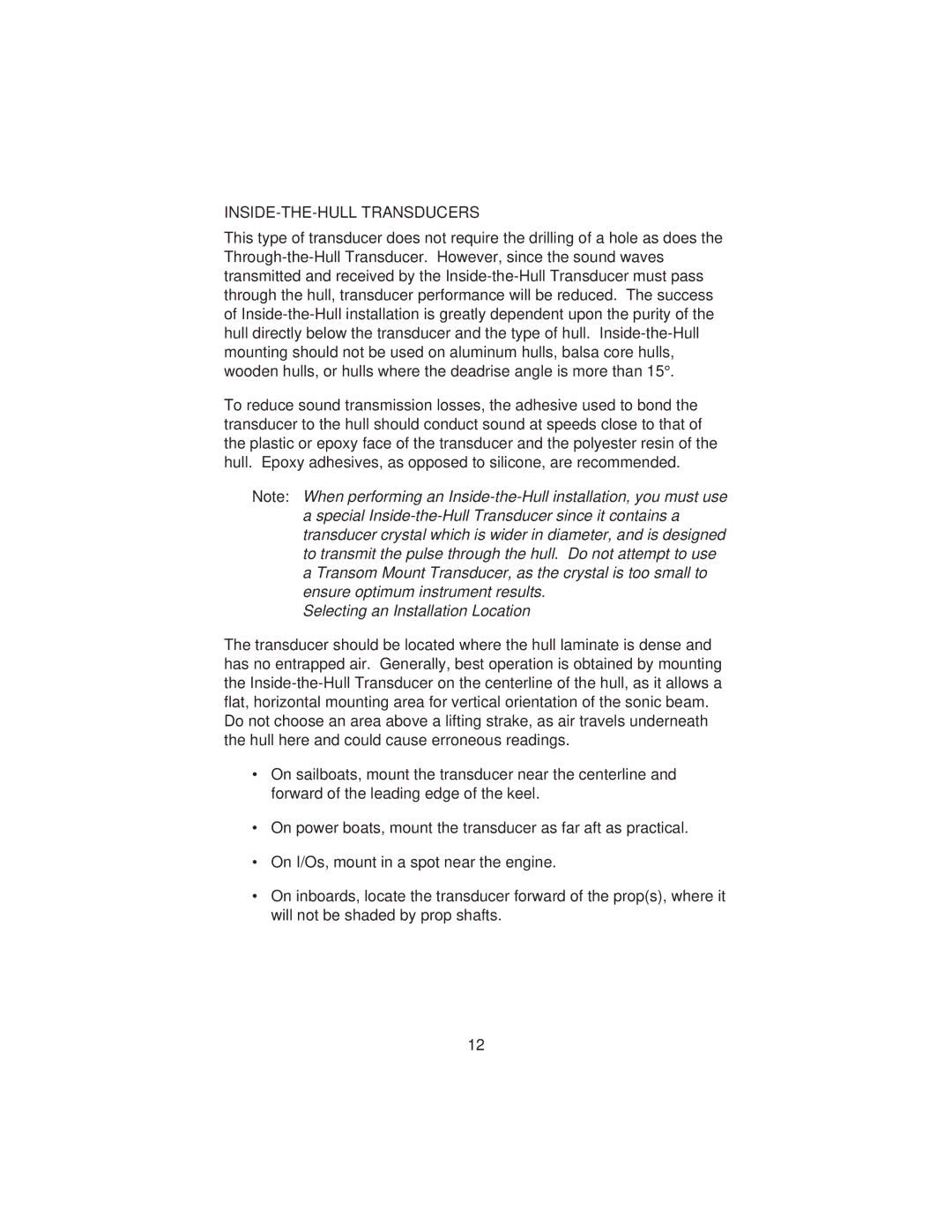 Uniden Clock manual INSIDE-THE-HULL Transducers, Selecting an Installation Location 