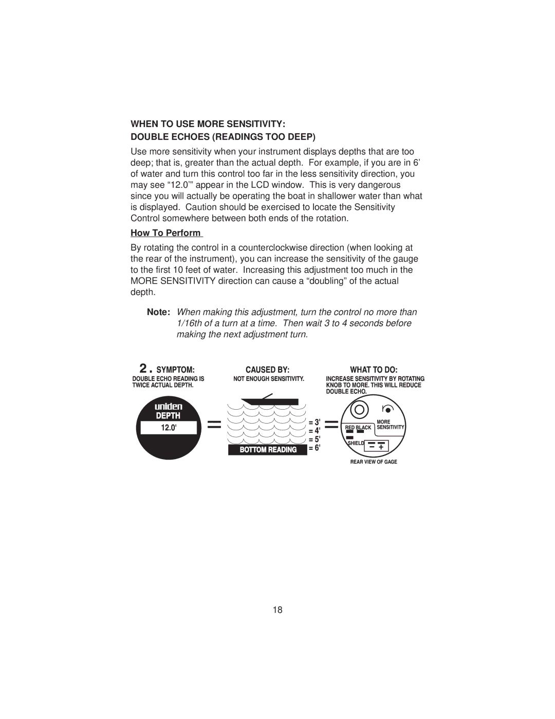 Uniden Clock manual When to USE More Sensitivity Double Echoes Readings TOO Deep 