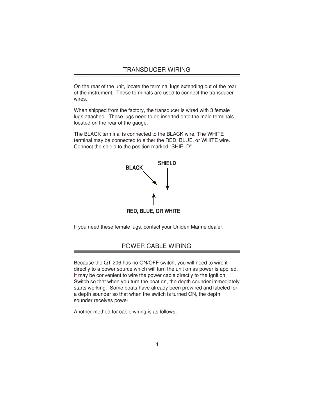 Uniden Clock manual Transducer Wiring, Power Cable Wiring 