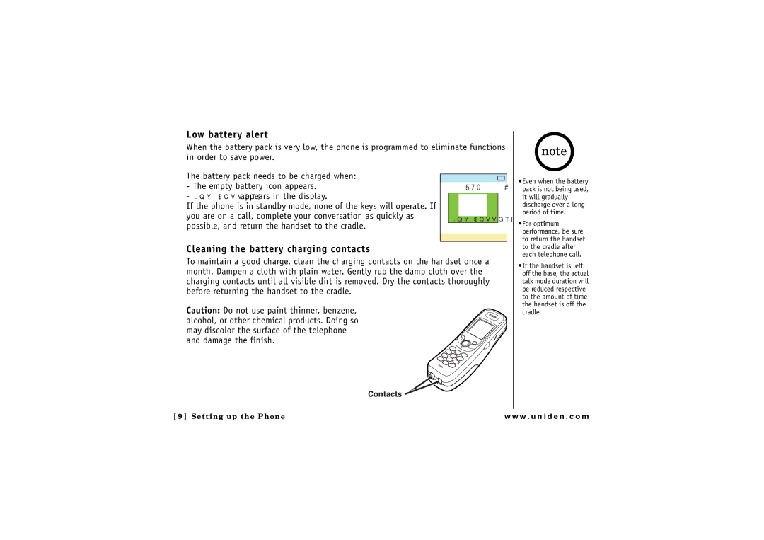 Uniden CLX 465 owner manual Low battery alert, Cleaning the battery charging contacts 