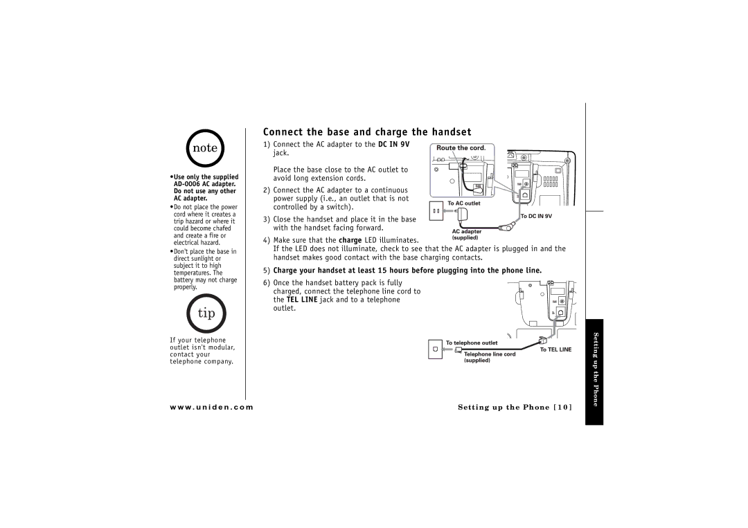 Uniden CLX 465 owner manual Connect the base and charge the handset 