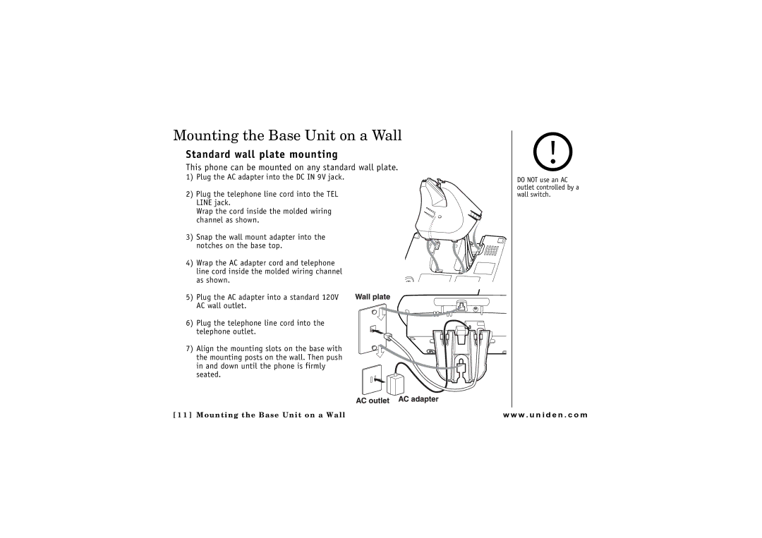 Uniden CLX 465 owner manual Mounting the Base Unit on a Wall, Standard wall plate mounting 