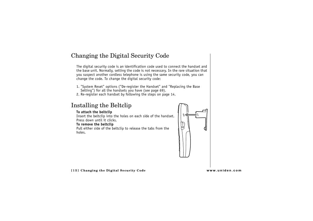 Uniden CLX 465 Changing the Digital Security Code, Installing the Beltclip, To attach the beltclip, To remove the beltclip 