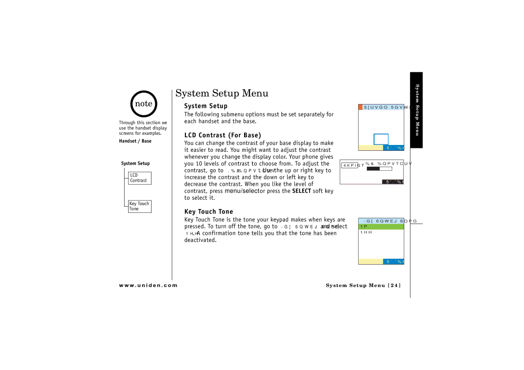 Uniden CLX 465 owner manual System Setup Menu, LCD Contrast For Base, Key Touch Tone 