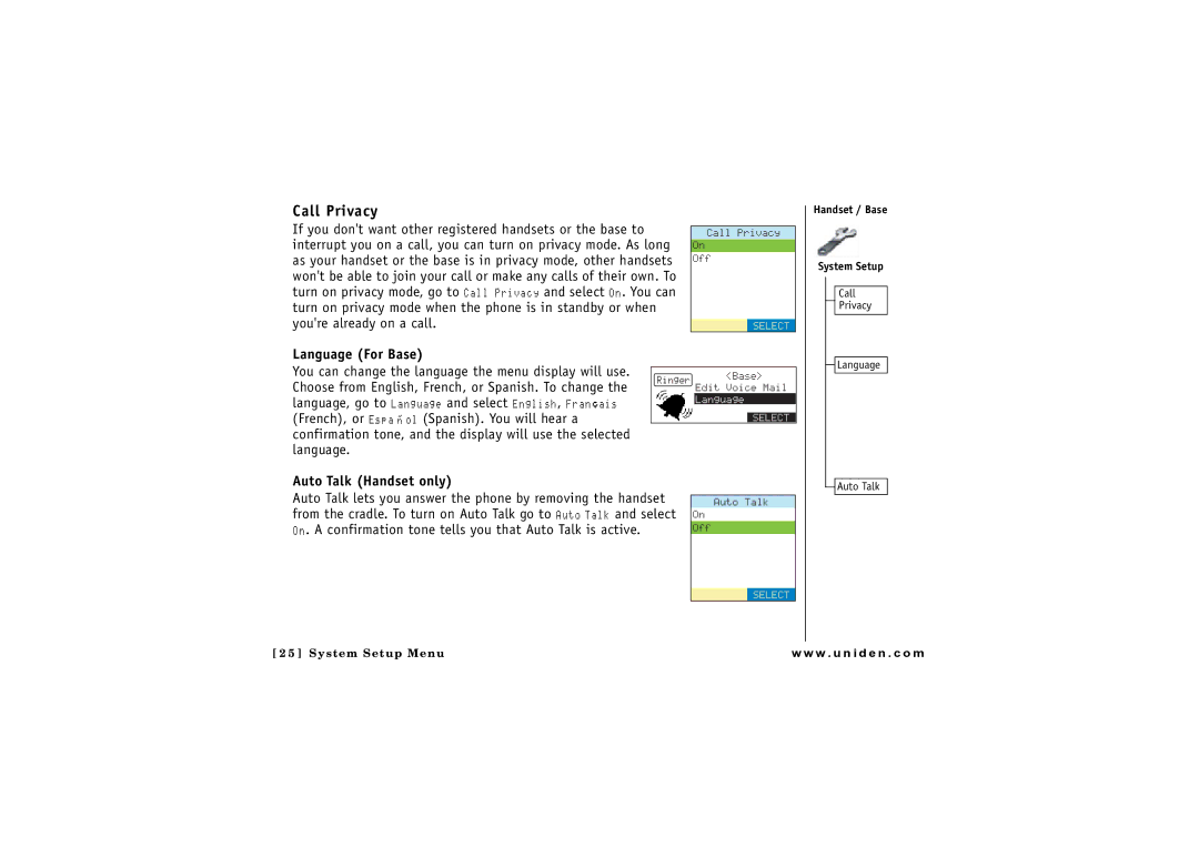 Uniden CLX 465 owner manual Call Privacy, Language For Base, Auto Talk Handset only 