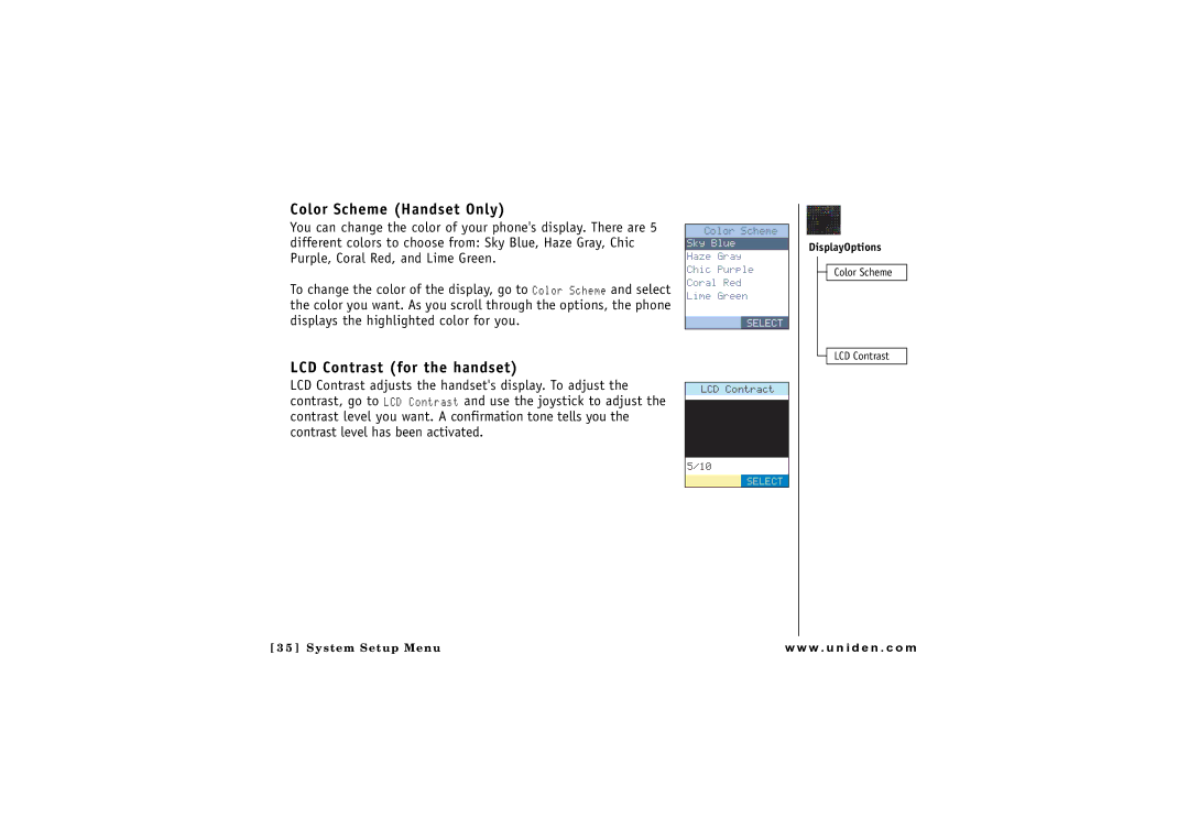 Uniden CLX 465 owner manual Color Scheme Handset Only, LCD Contrast for the handset 