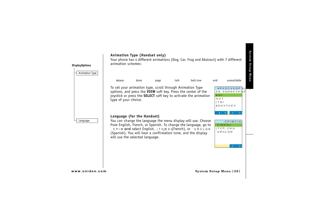 Uniden CLX 465 owner manual Animation Type Handset only, Language for the Handset 