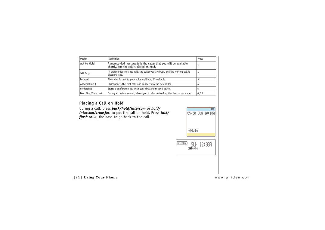 Uniden CLX 465 owner manual Placing a Call on Hold, Shortly, and the call is placed on hold 