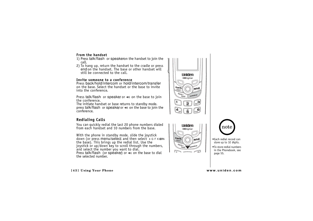 Uniden CLX 465 owner manual Redialing Calls, Invite someone to a conference 