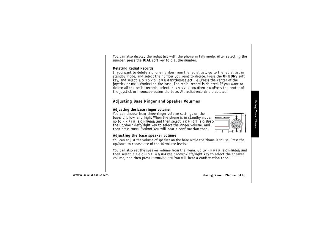 Uniden CLX 465 Adjusting Base Ringer and Speaker Volumes, Deleting Redial Records, Adjusting the base ringer volume 