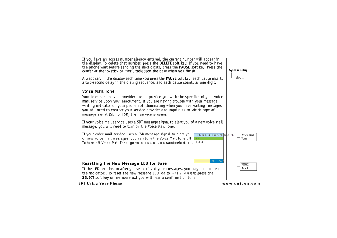 Uniden CLX 465 owner manual Voice Mail Tone, Resetting the New Message LED for Base 