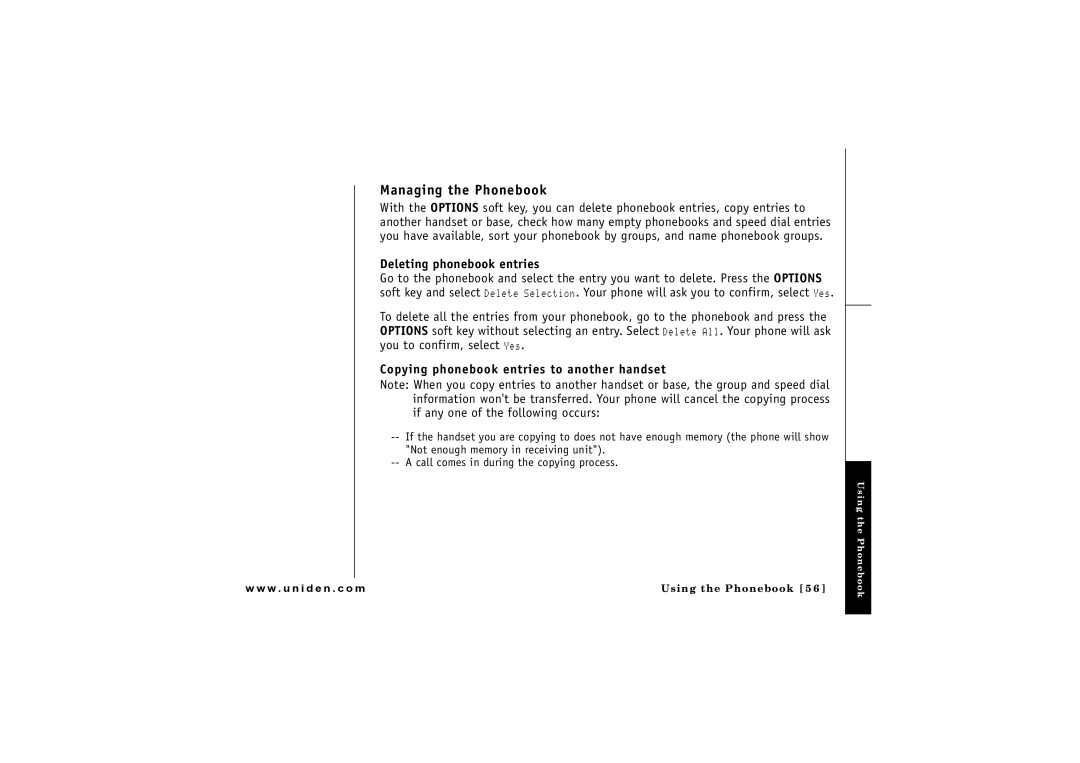 Uniden CLX 465 Managing the Phonebook, Deleting phonebook entries, Copying phonebook entries to another handset 