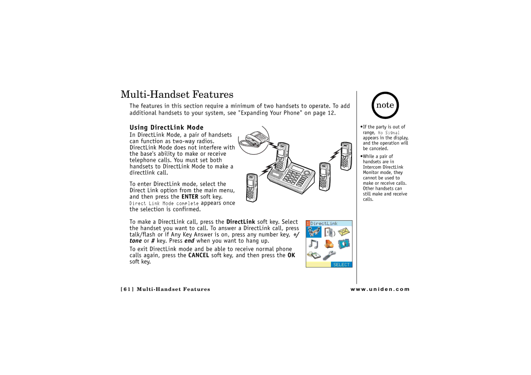 Uniden CLX 465 owner manual Multi-Handset Features, Using DirectLink Mode 