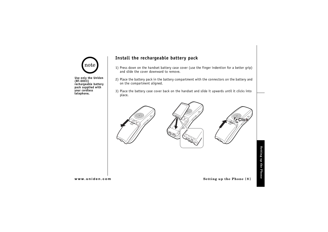 Uniden CLX 465 owner manual Install the rechargeable battery pack 