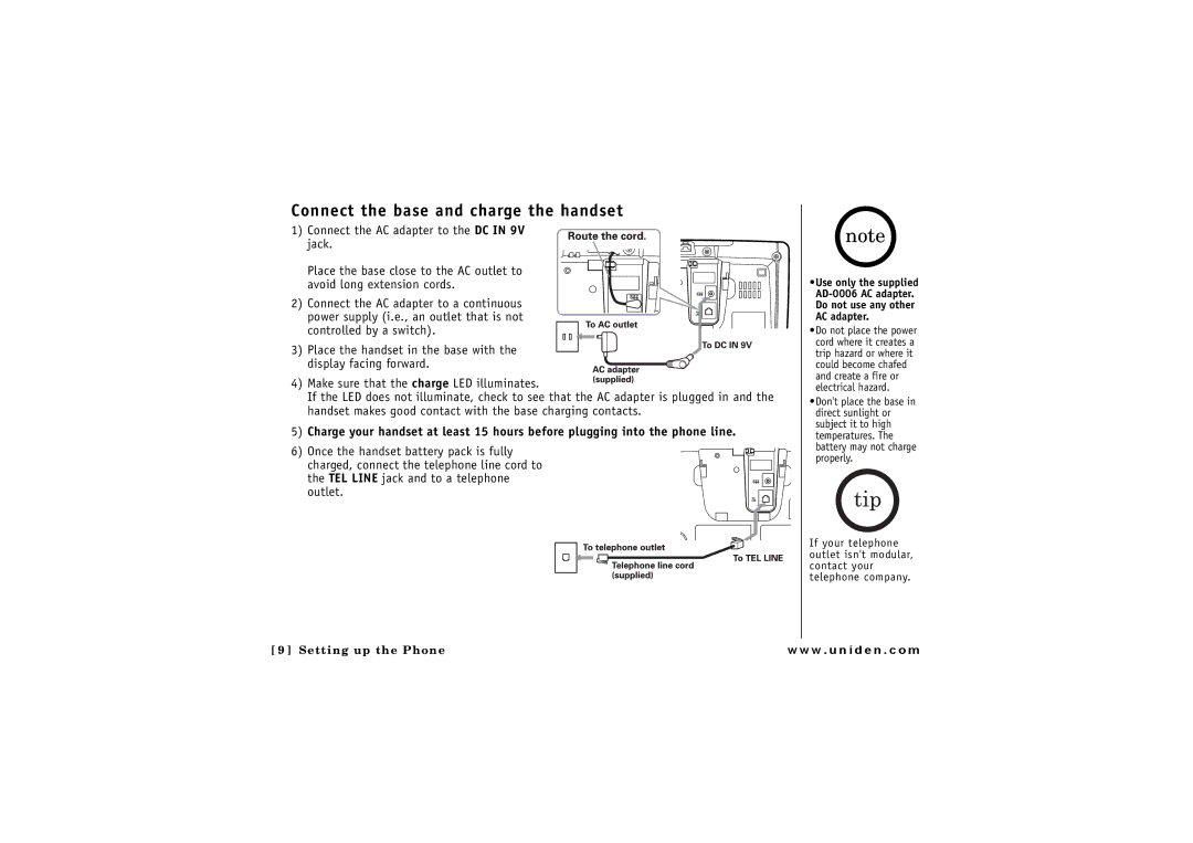 Uniden CLX 485 owner manual Connect the base and charge the handset 