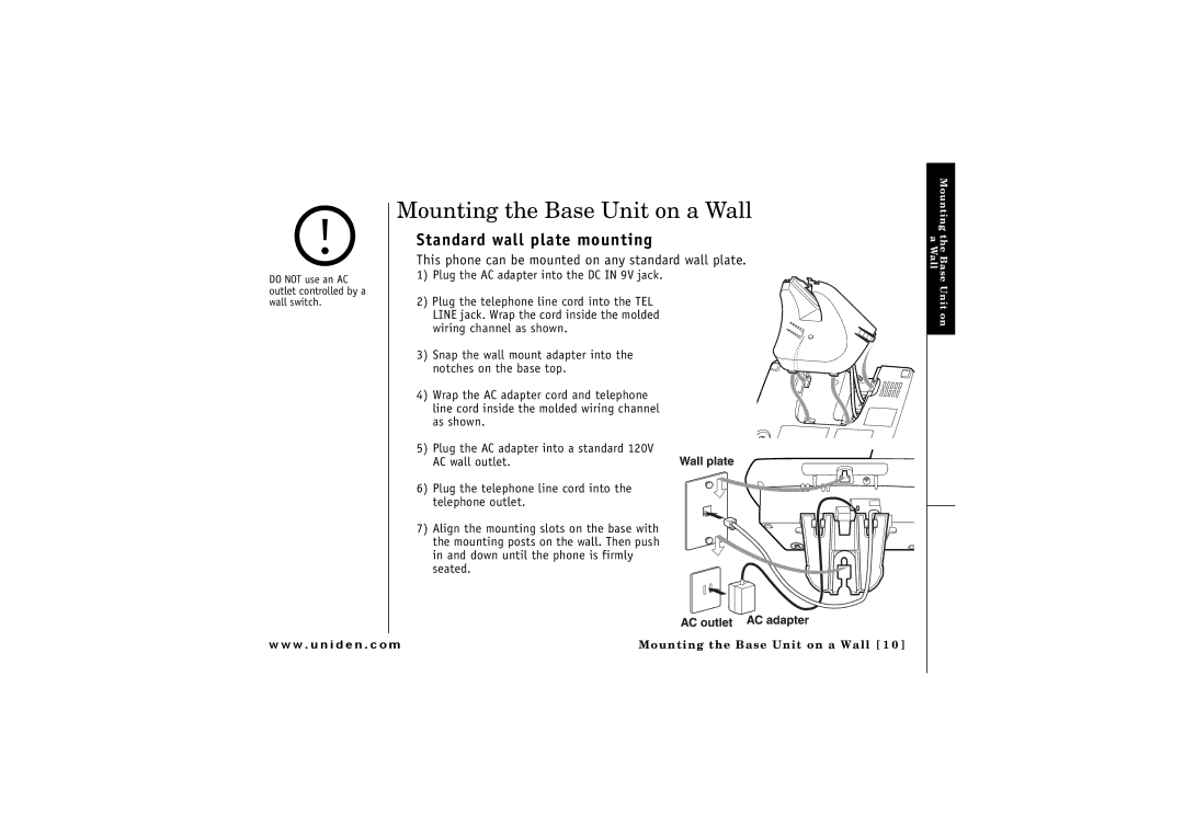 Uniden CLX 485 owner manual Mounting the Base Unit on a Wall, Do not use an AC outlet controlled by a wall switch 