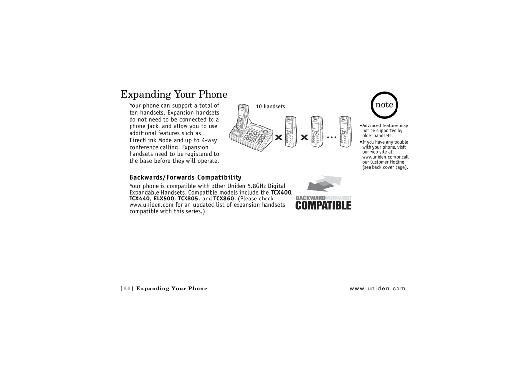 Uniden CLX 485 owner manual Expanding Your Phone, Backwards/Forwards Compatibility, Handsets 