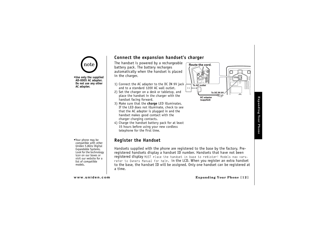 Uniden CLX 485 owner manual Connect the expansion handsets charger 