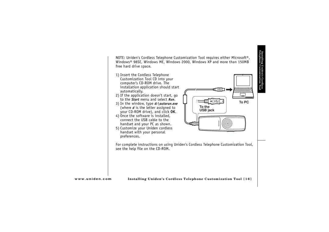 Uniden CLX 485 owner manual To PC To the USB jack 