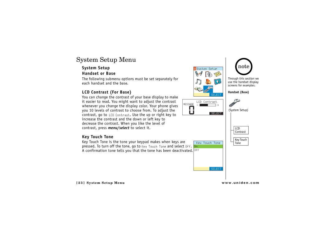 Uniden CLX 485 owner manual System Setup Menu, System Setup Handset or Base, LCD Contrast For Base, Key Touch Tone 