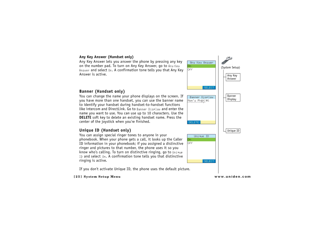 Uniden CLX 485 owner manual Banner Handset only, Unique ID Handset only, Any Key Answer Handset only 