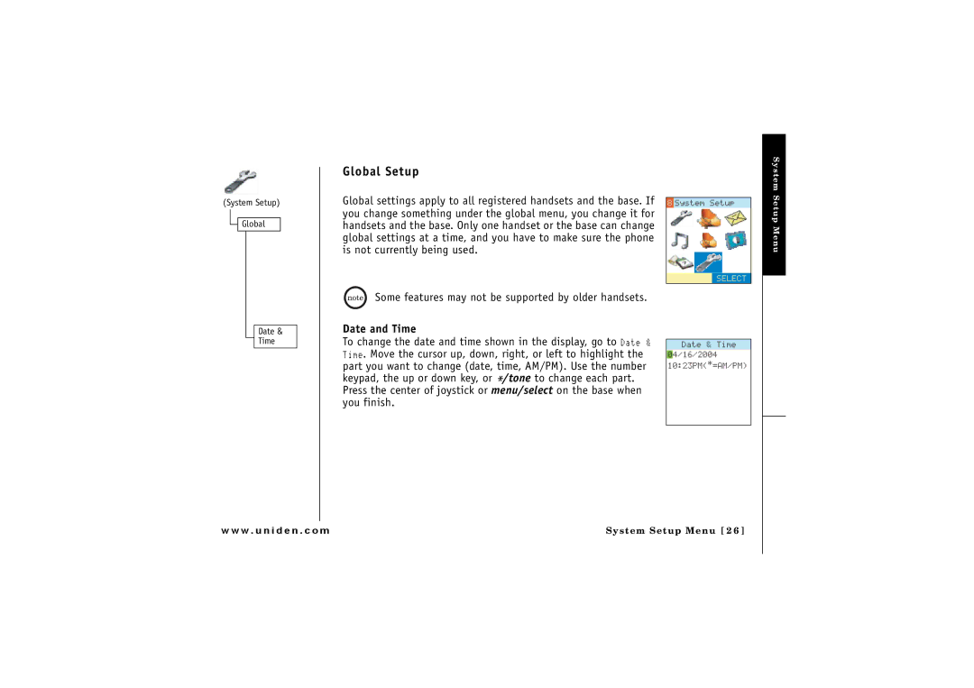 Uniden CLX 485 owner manual Global Setup, Date and Time, System Setup Global 