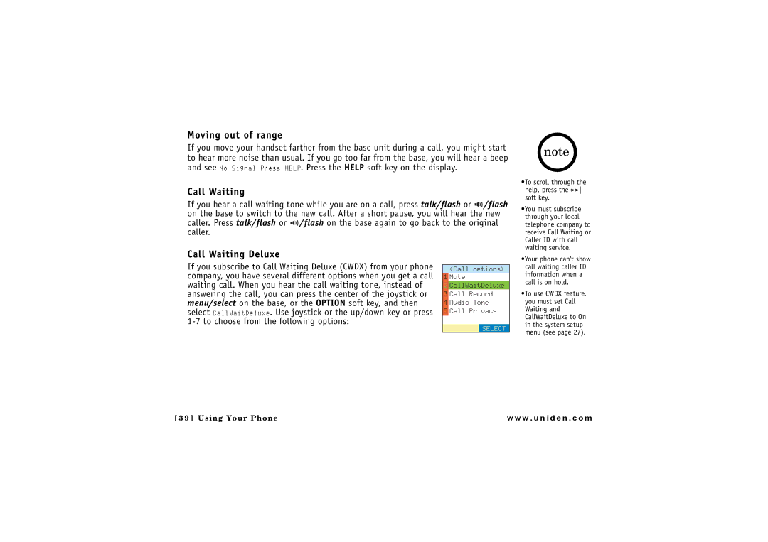 Uniden CLX 485 owner manual Moving out of range, Call Waiting Deluxe, To scroll through the help, press the soft key 