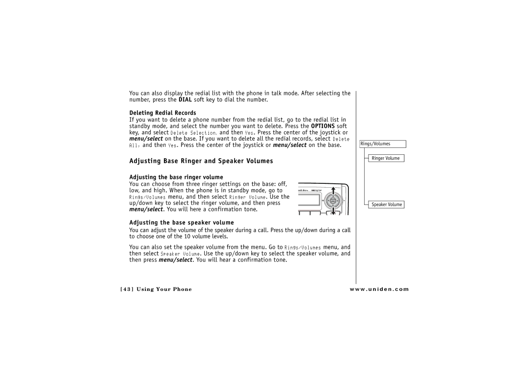 Uniden CLX 485 Adjusting Base Ringer and Speaker Volumes, Deleting Redial Records, Adjusting the base ringer volume 