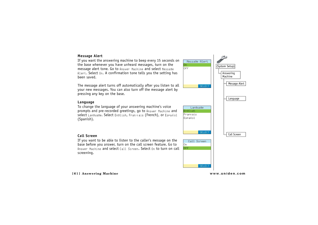 Uniden CLX 485 owner manual Message Alert, Language, Call Screen, System Setup Answering Machine 