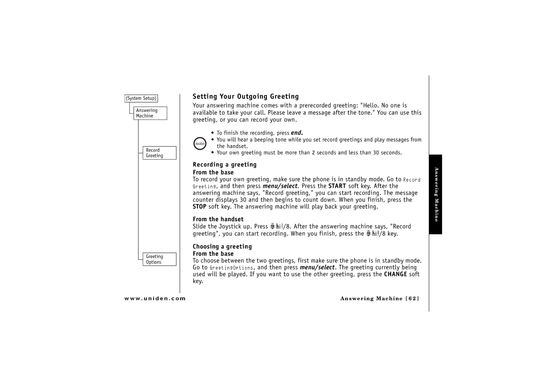 Uniden CLX 485 Setting Your Outgoing Greeting, Recording a greeting From the base, Choosing a greeting From the base 