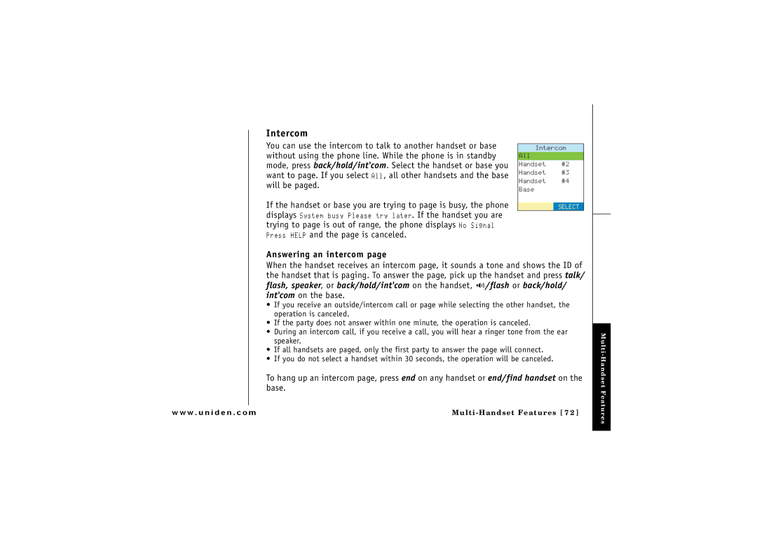 Uniden CLX 485 owner manual Intercom, Answering an intercom 