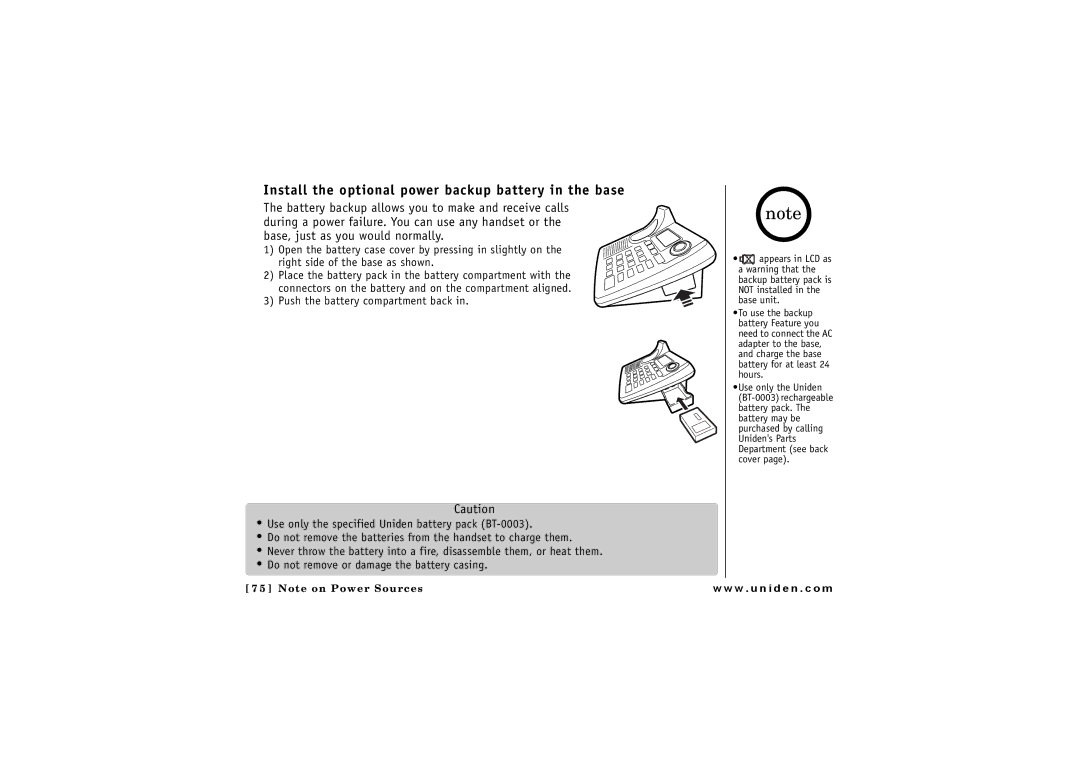 Uniden CLX 485 owner manual Install the optional power backup battery in the base 