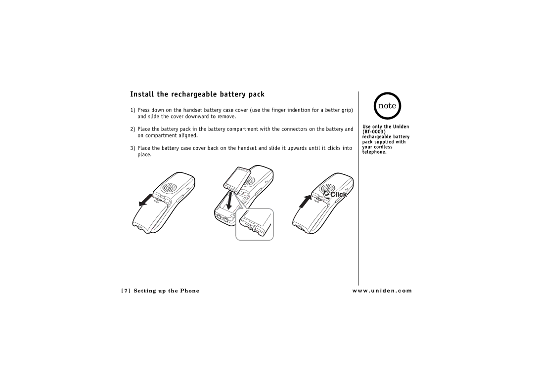 Uniden CLX 485 owner manual Install the rechargeable battery pack 