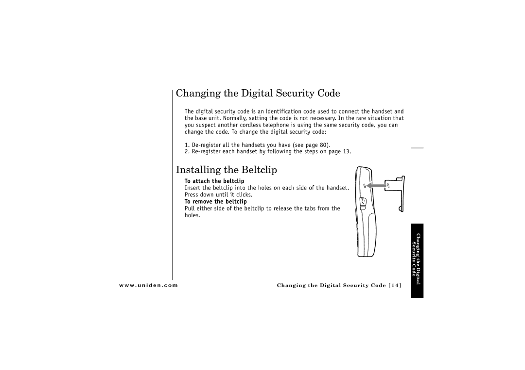 Uniden CLX475 Changing the Digital Security Code, Installing the Beltclip, To attach the beltclip, To remove the beltclip 