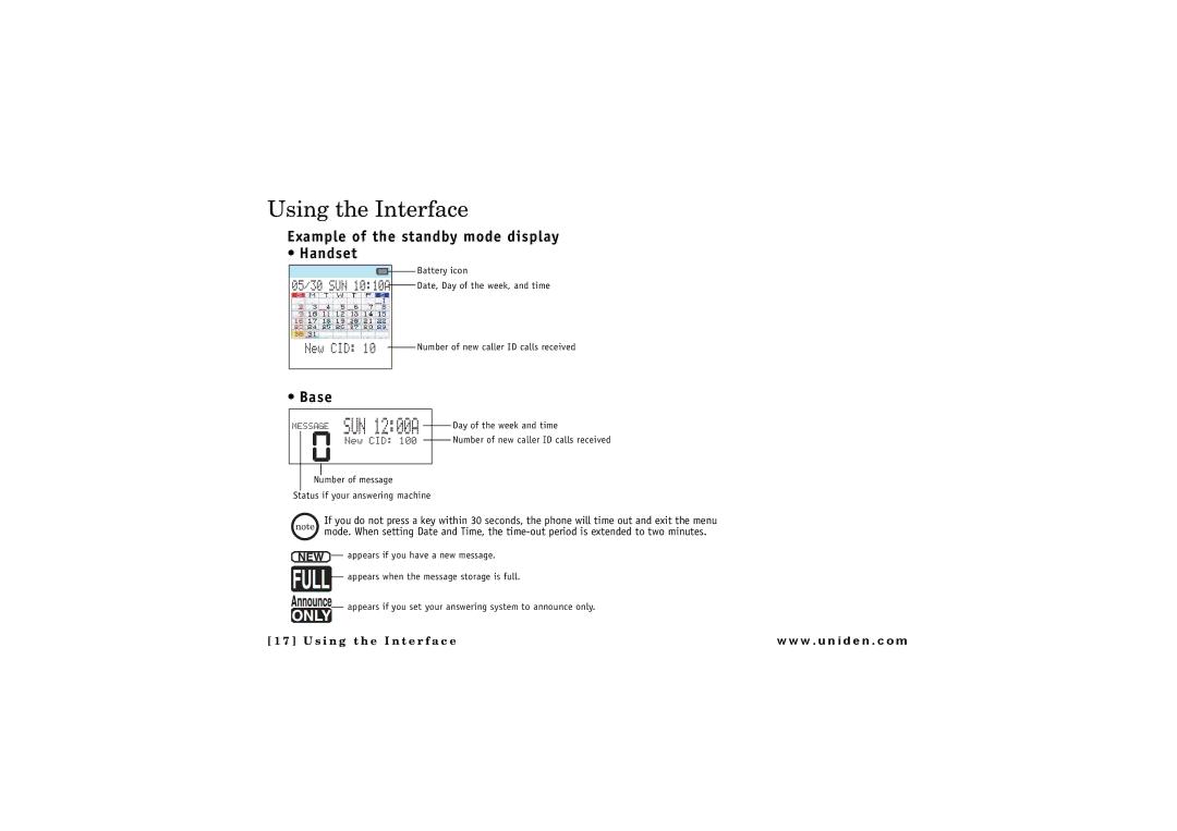 Uniden CLX475 owner manual Using the Interface, Example of the standby mode display Handset, Base 