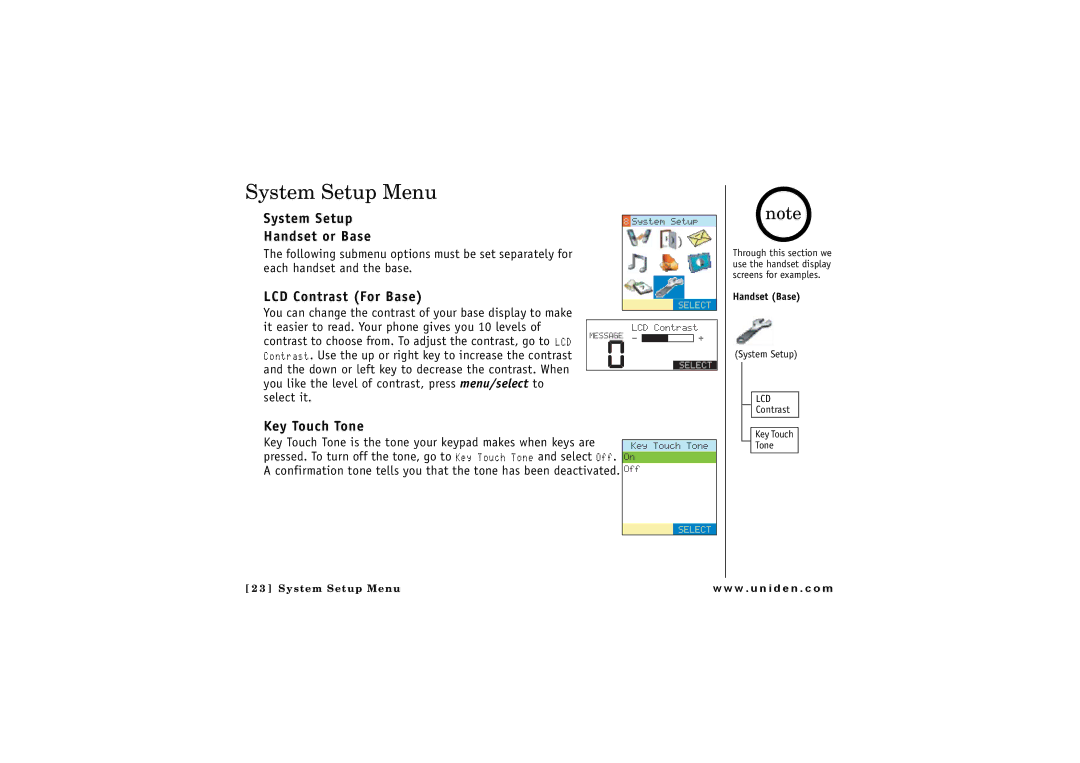 Uniden CLX475 owner manual System Setup Menu, System Setup Handset or Base, LCD Contrast For Base, Key Touch Tone 