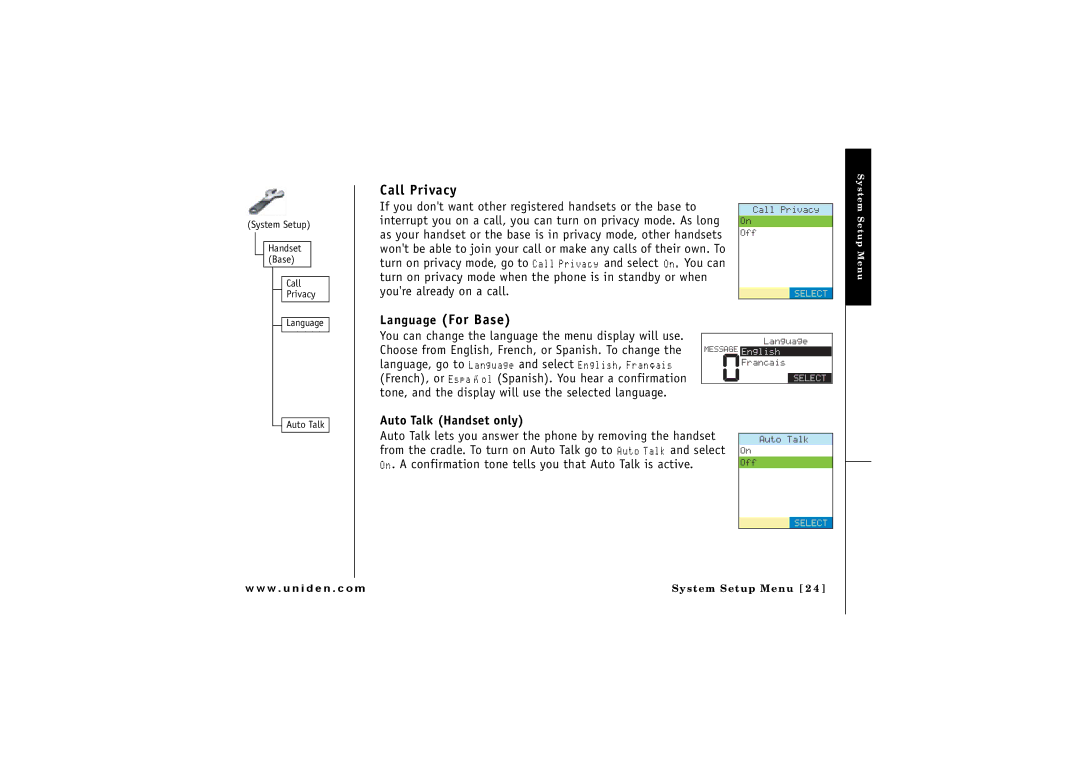 Uniden CLX475 owner manual Language For Base, Auto Talk Handset only, System Setup Handset Base Call Privacy 