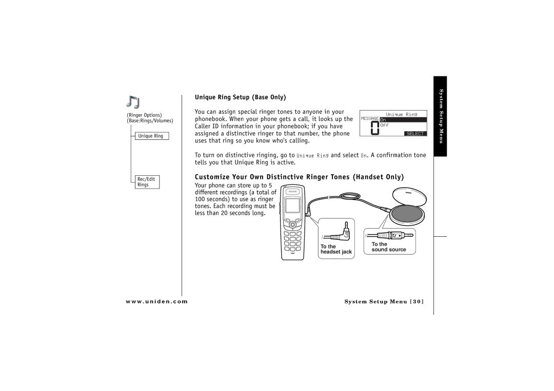 Uniden CLX475 owner manual Customize Your Own Distinctive Ringer Tones Handset Only, Unique Ring Setup Base Only 