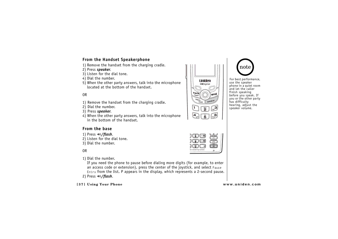 Uniden CLX475 owner manual From the Handset Speakerphone, From the base 