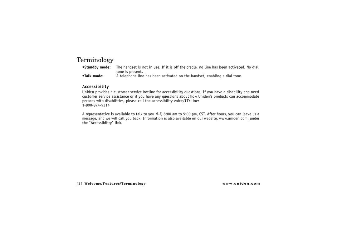 Uniden CLX475 owner manual Terminology, Accessibility 