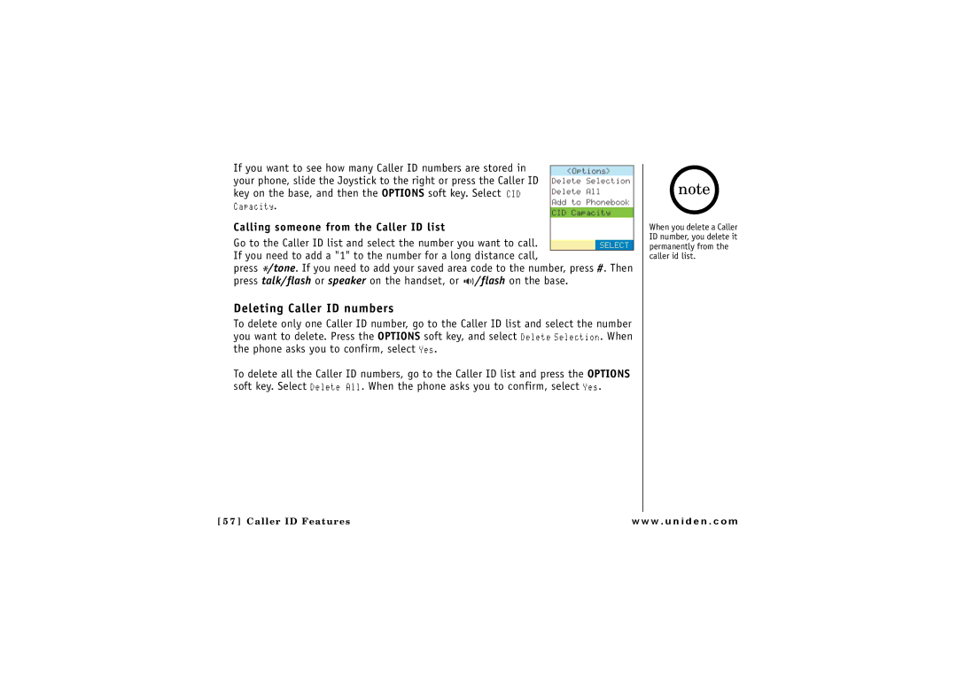 Uniden CLX475 owner manual Deleting Caller ID numbers, Calling someone from the Caller ID list 