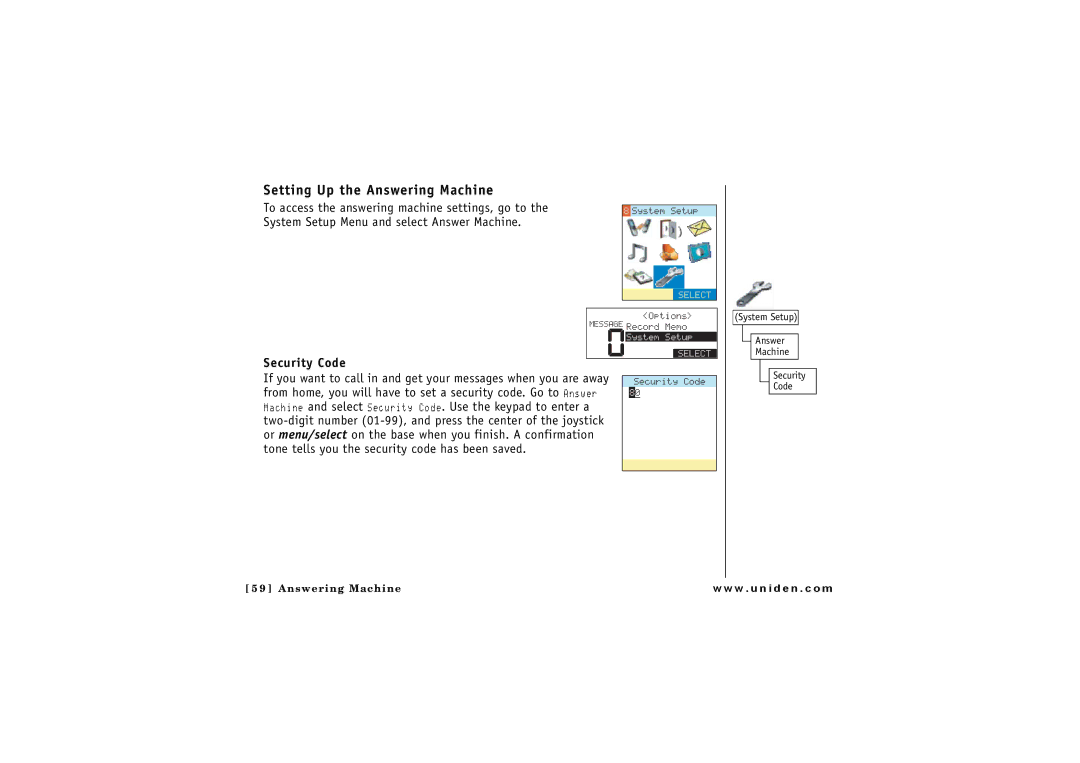 Uniden CLX475 owner manual Setting Up the Answering Machine, Security Code, System Setup Answer Machine 