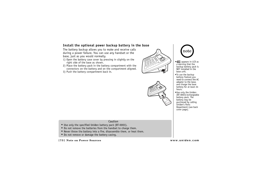 Uniden CLX475 owner manual Install the optional power backup battery in the base 