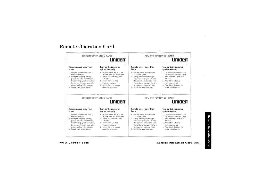 Uniden CLX475 owner manual Remote Operation Card, Remote access away from home 